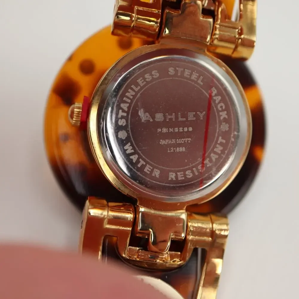 Ashley Princess Womens Watch MOP Dial Tortoise Jewel Bezel Cuff Bracelet Working